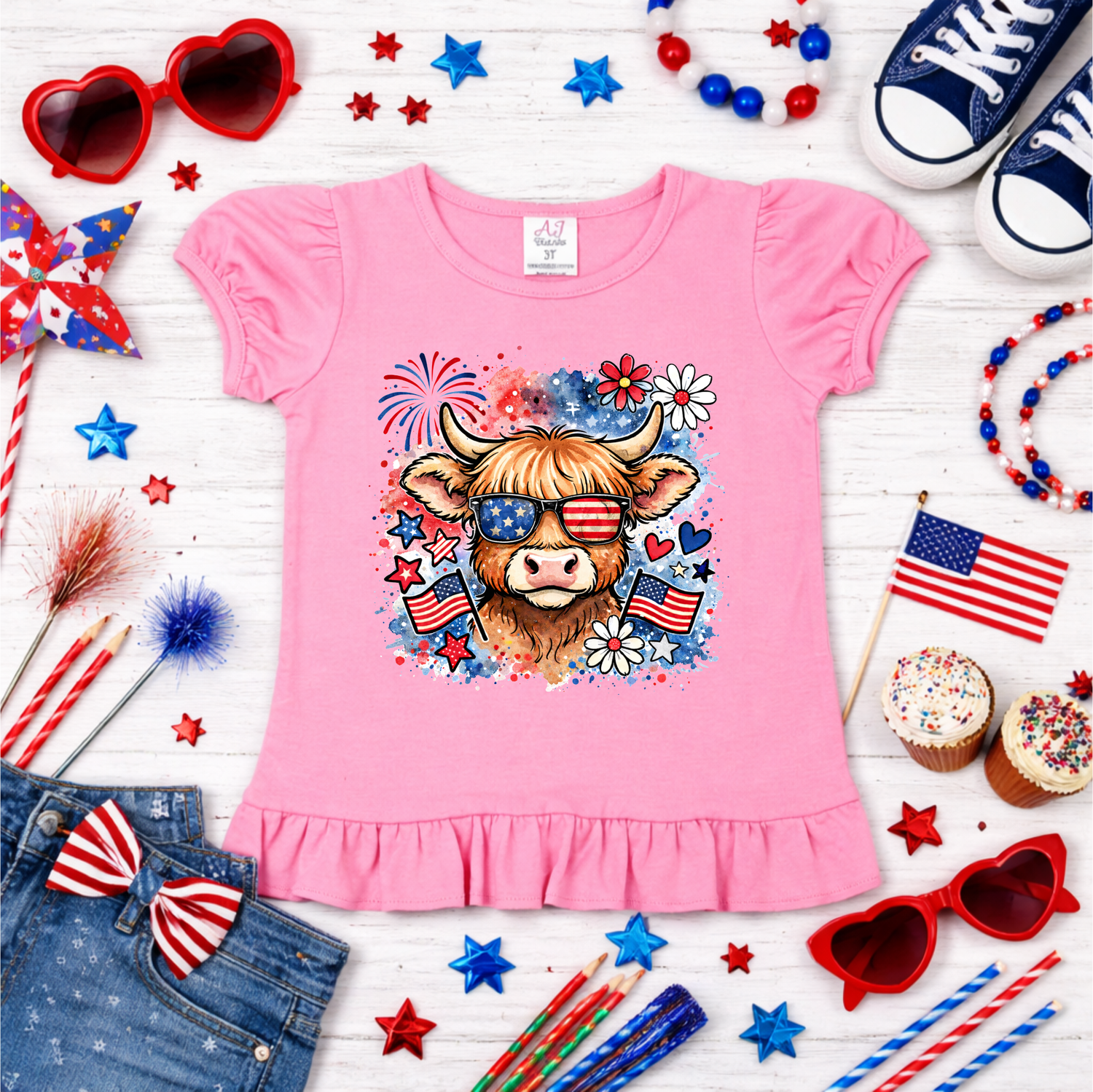 Girls Patriotic Cow Shirt