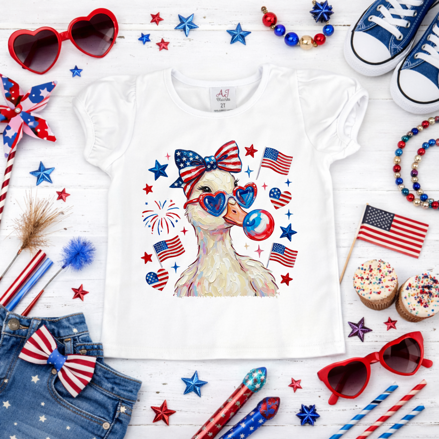 Girls Patriotic Duck with Glasses Shirt