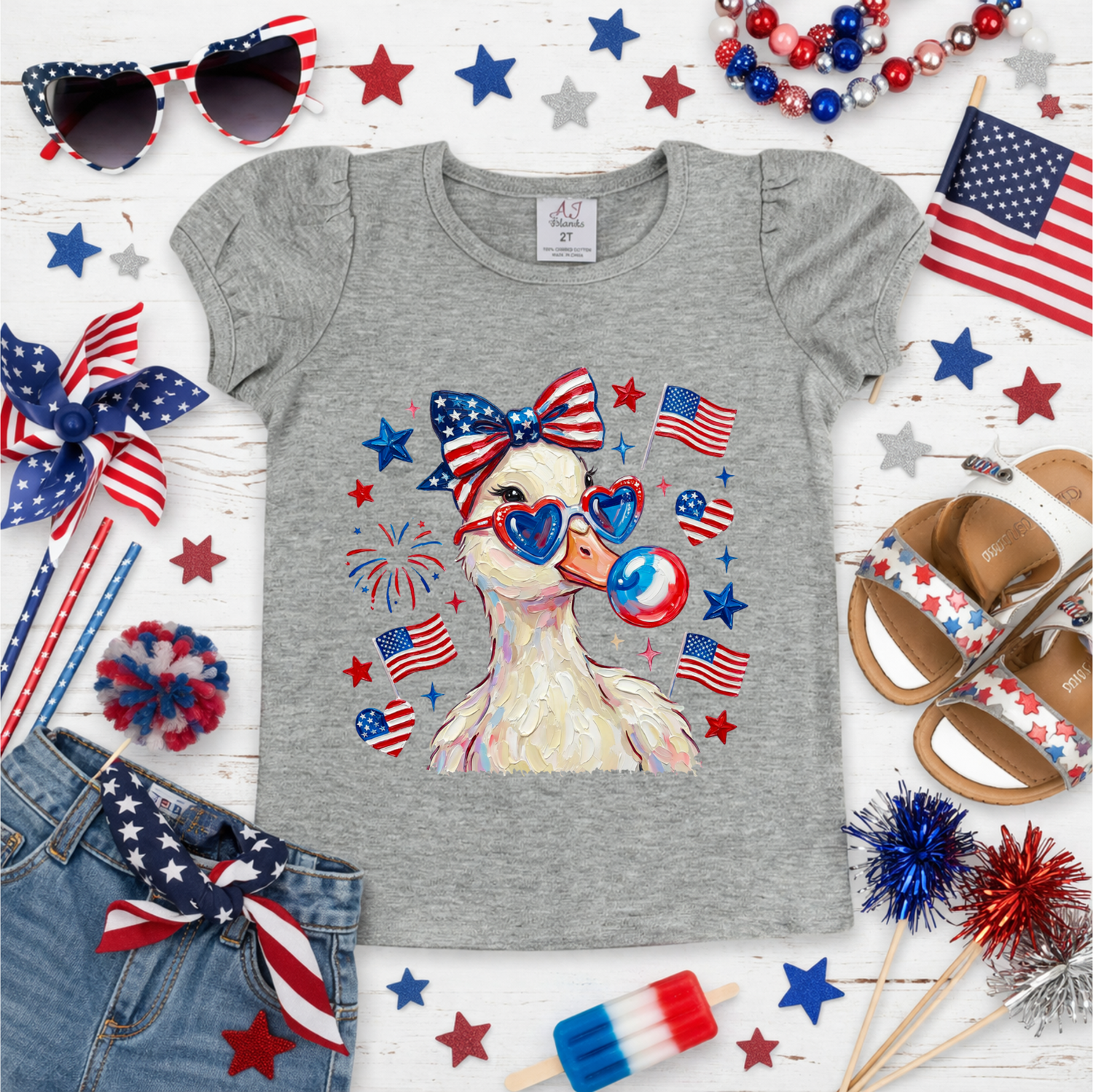 Girls Patriotic Duck with Glasses Shirt