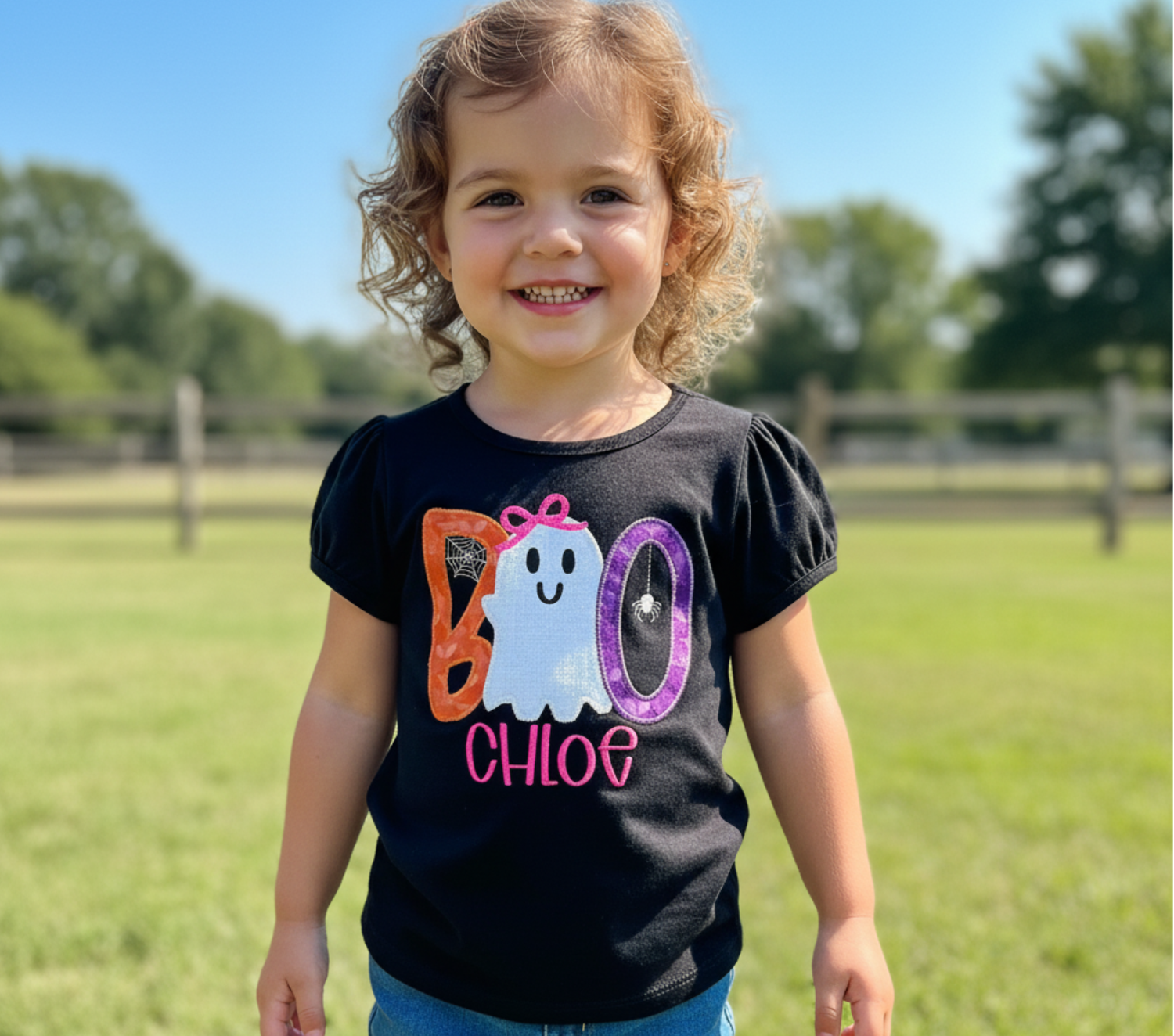 Girls Halloween Boo Embroidered Shirt